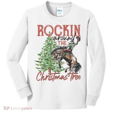 Rockin' Around Christmas Tree Cowboy Xmas Design Kids Long Sleeve Shirt