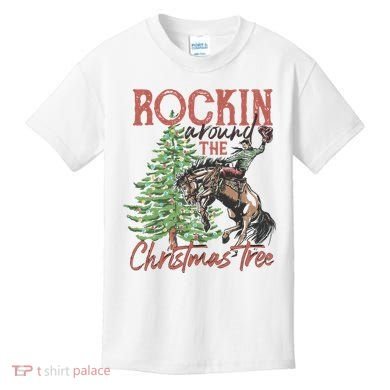 Rockin' Around Christmas Tree Cowboy Xmas Design Kids T-Shirt