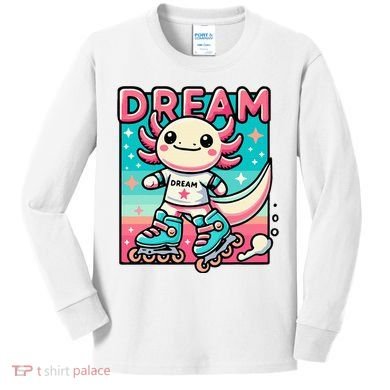 Rollerblading Axolotl Cute Salamander On Inline Skates Kids Long Sleeve Shirt
