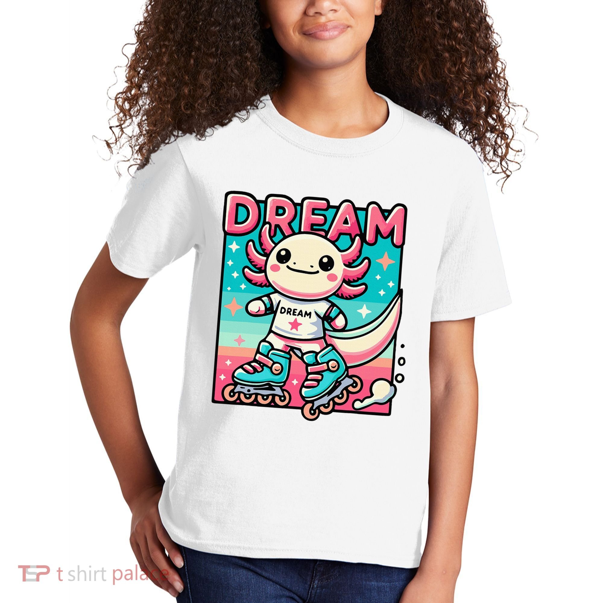 Rollerblading Axolotl Cute Salamander On Inline Skates Kids T-Shirt