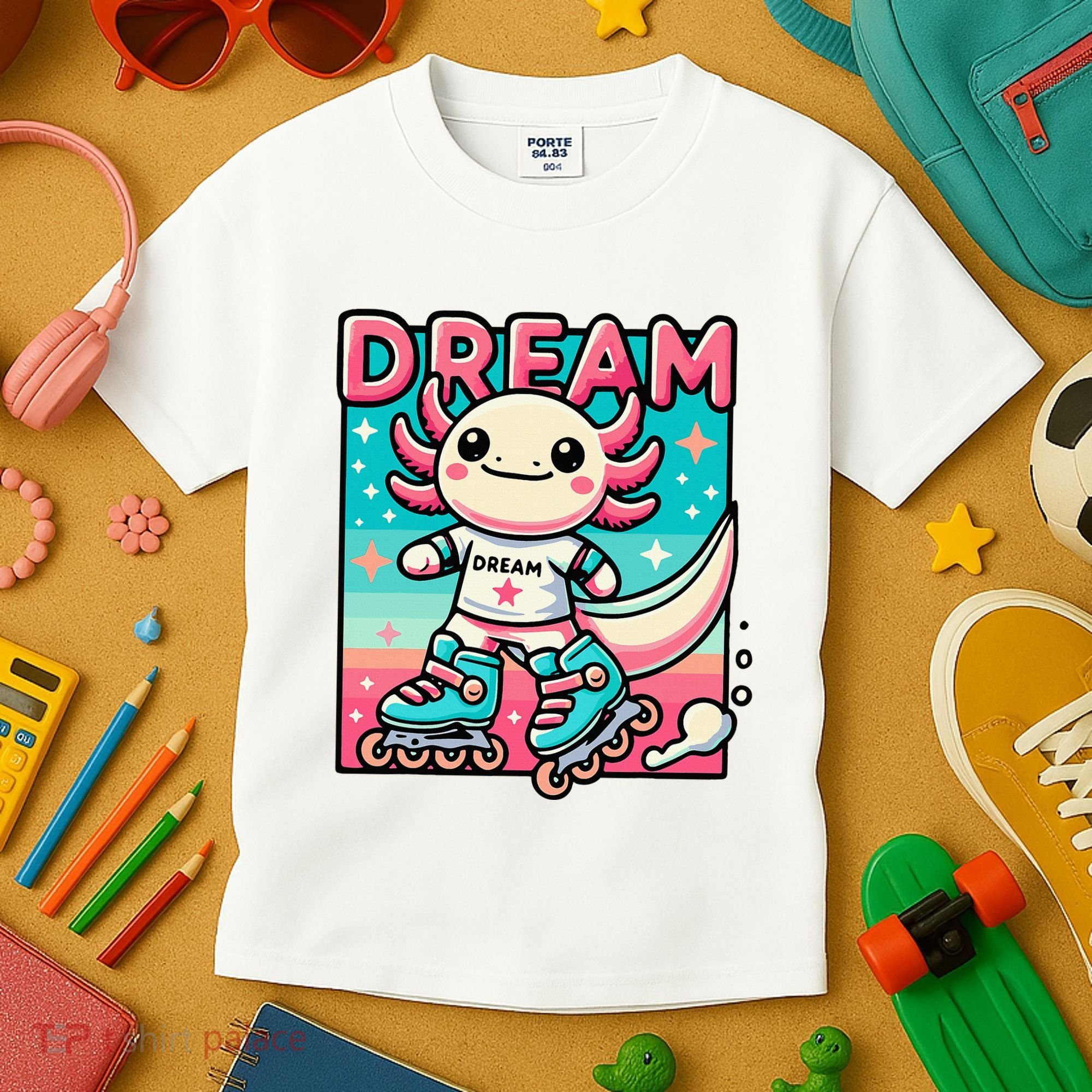 Rollerblading Axolotl Cute Salamander On Inline Skates Kids T-Shirt