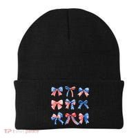Retro American Flag Coquette Bow Patriotic 4th July Women Beanie thumb 0