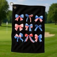Retro American Flag Coquette Bow Patriotic 4th July Women Golf Towel thumb 1