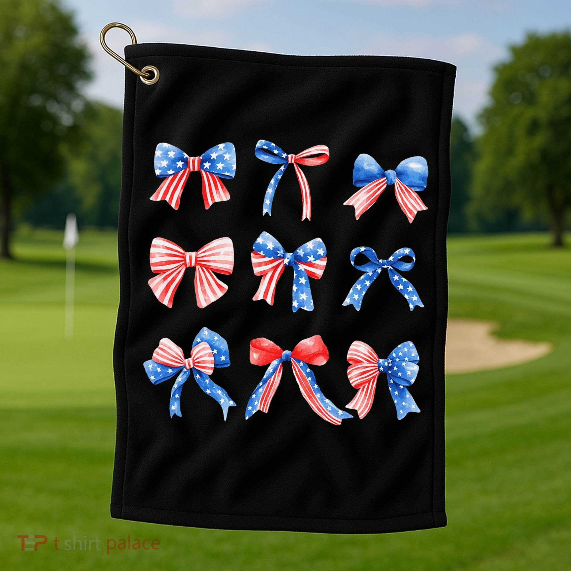 Retro American Flag Coquette Bow Patriotic 4th July Women Golf Towel