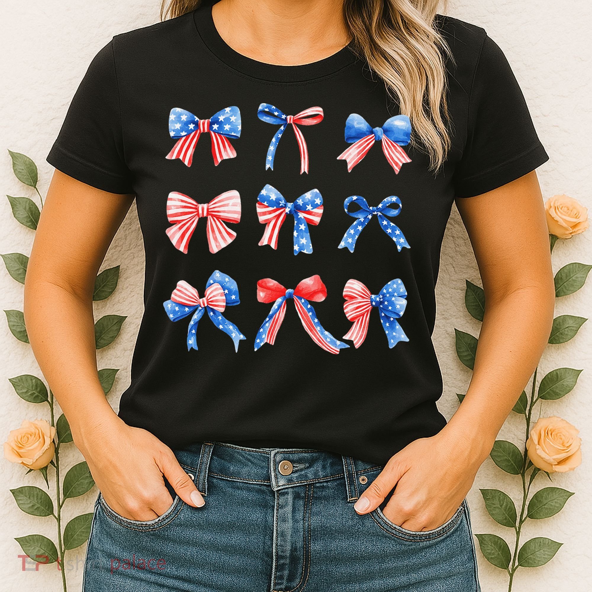 Retro American Flag Coquette Bow Patriotic 4th July Women Women's T-Shirt