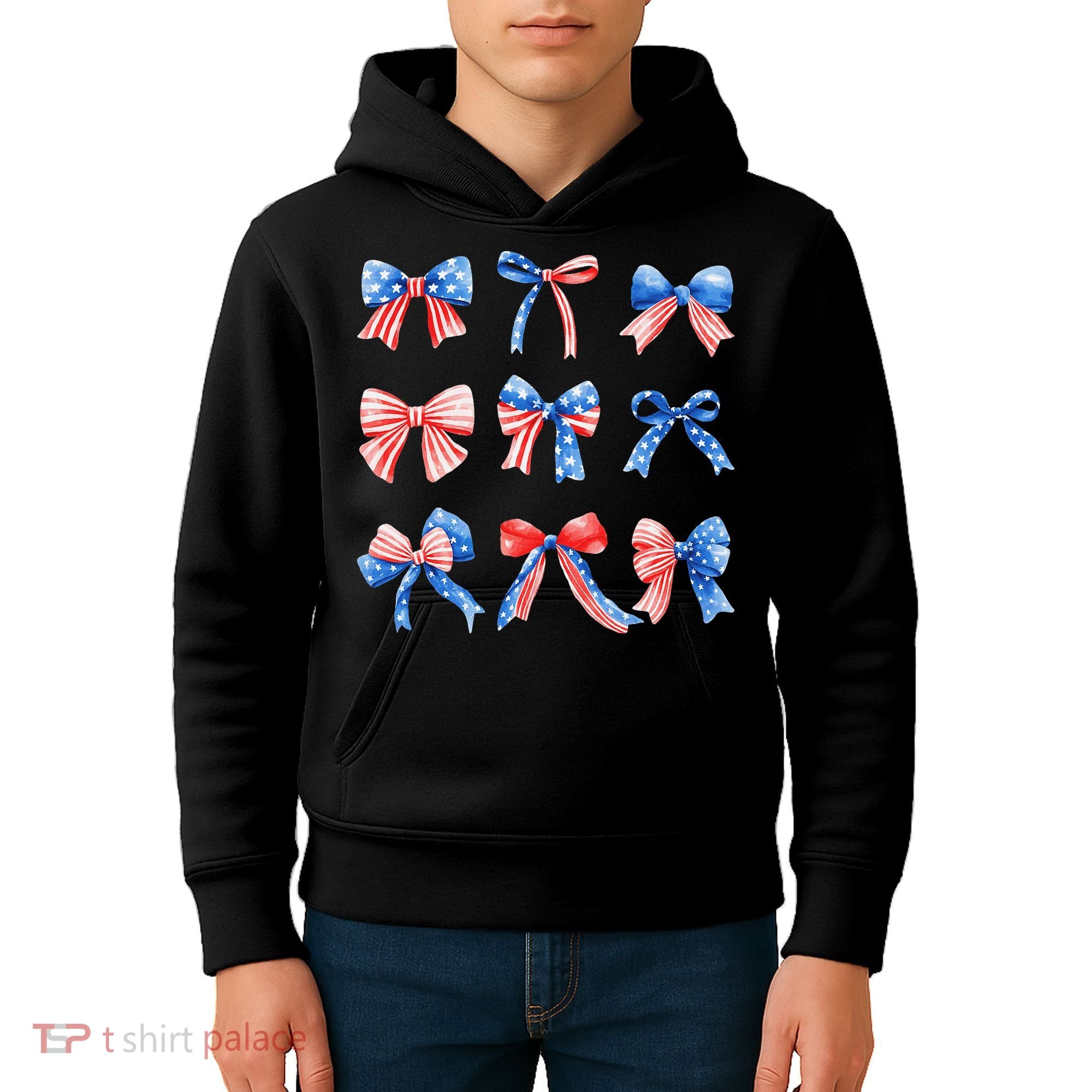 Retro American Flag Coquette Bow Patriotic 4th July Women Kids Hoodie