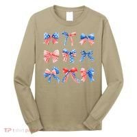 Retro American Flag Coquette Bow Patriotic 4th July Women Long Sleeve Shirt thumb 0