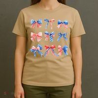 Retro American Flag Coquette Bow Patriotic 4th July Women T-Shirt thumb 4