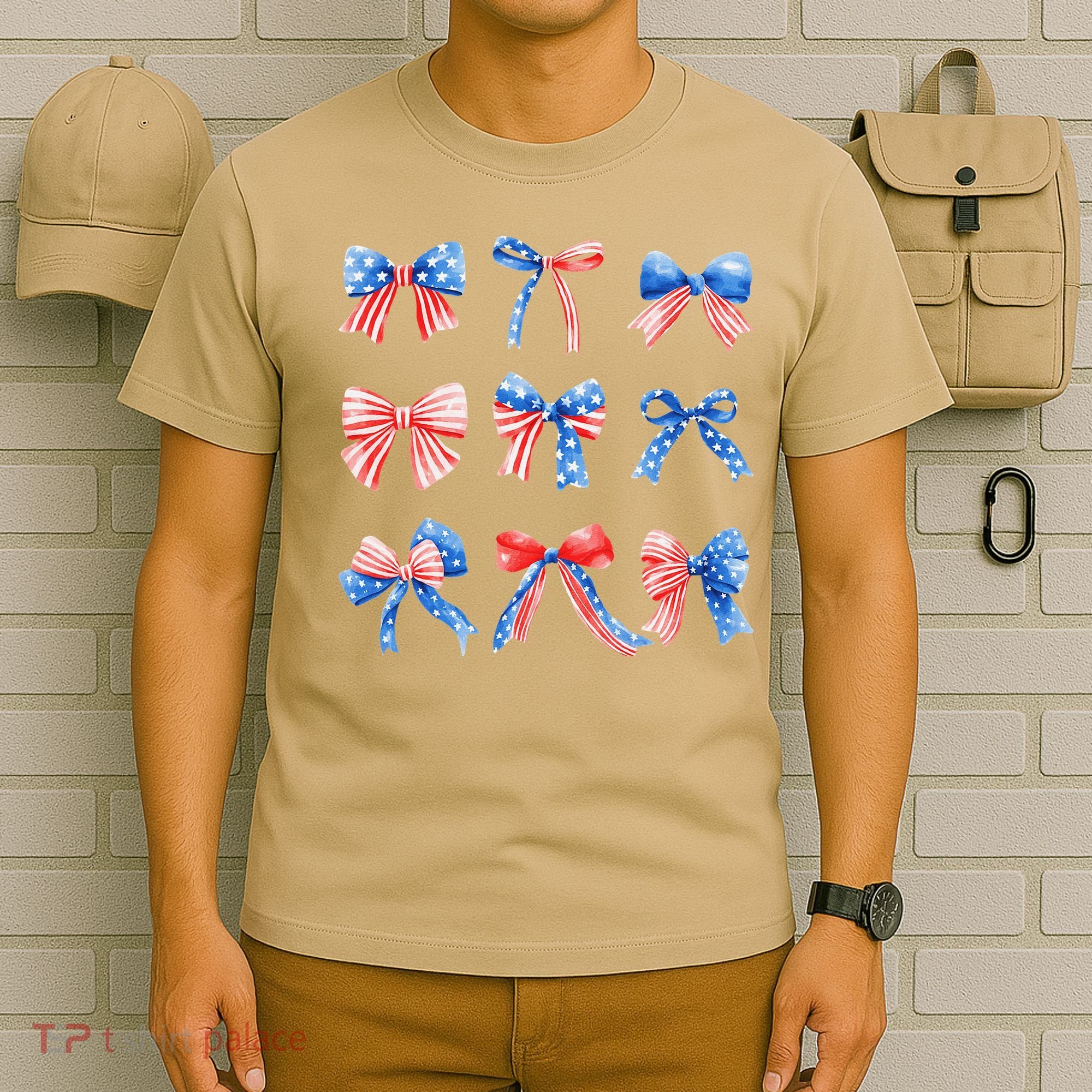 Retro American Flag Coquette Bow Patriotic 4th July Women T-Shirt