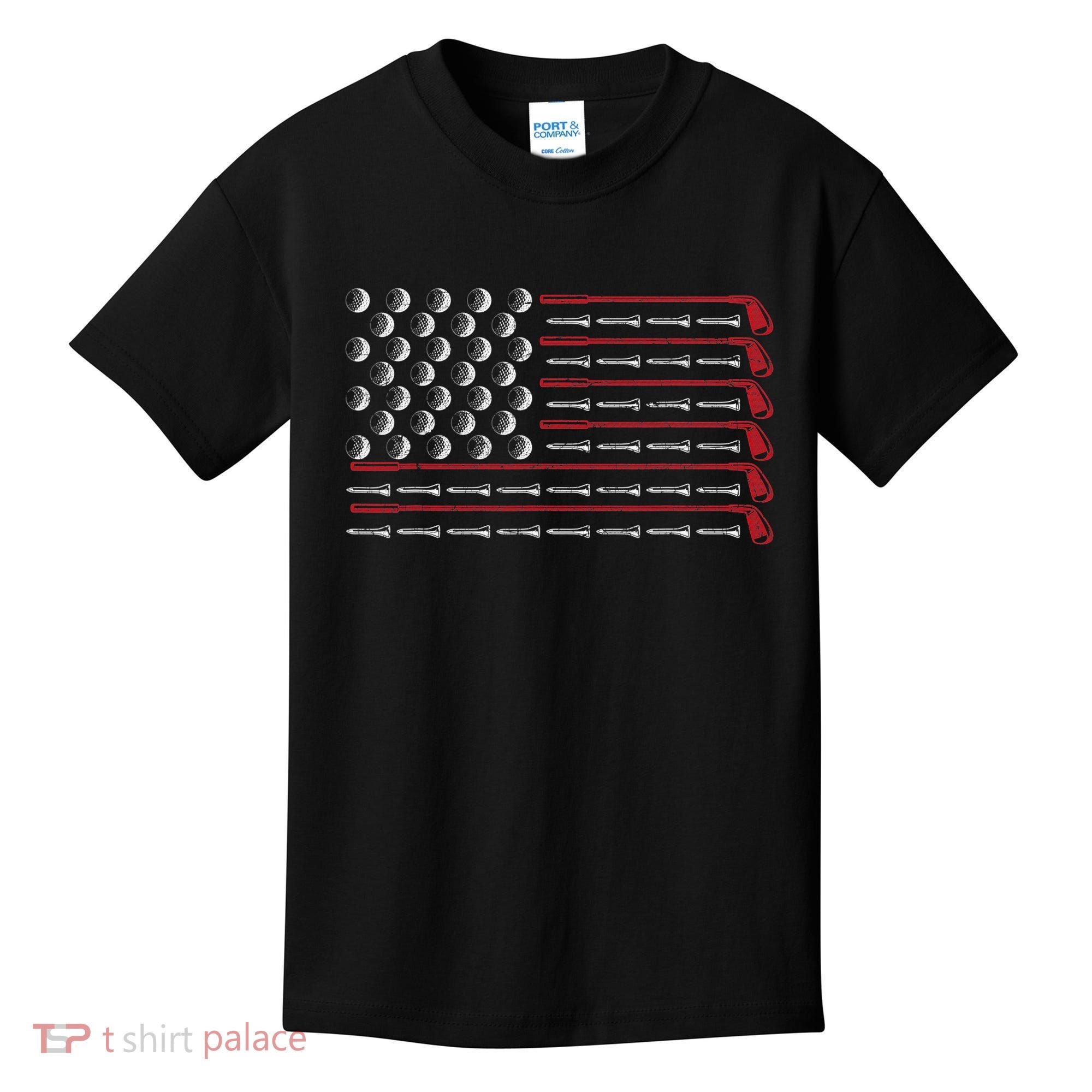 Retro American Flag Golf Gift for Golfer Funny Golf Club Kids T-Shirt