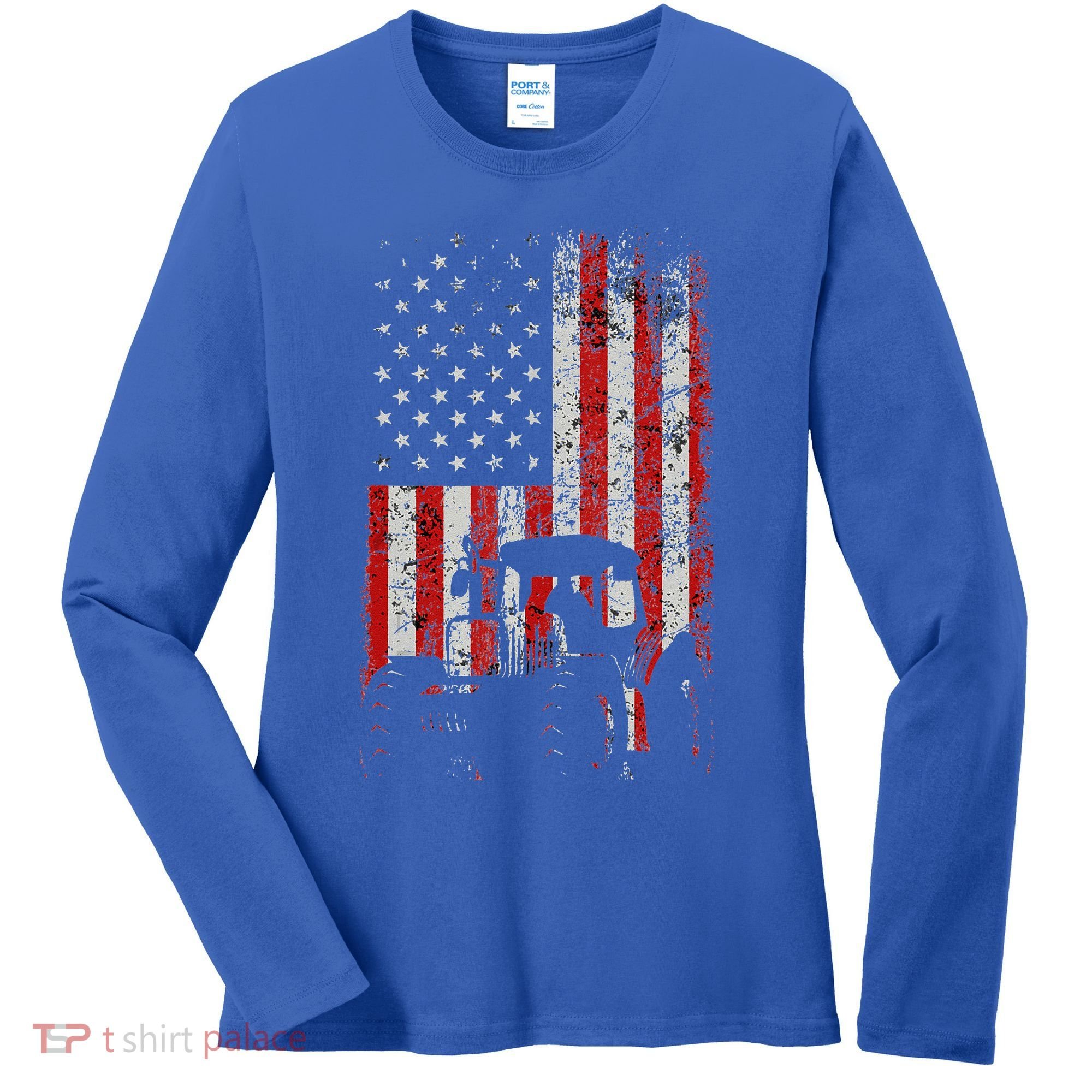 Retro American Flag Tractor Gift  Tractor Farm  Women's Long Sleeve Shirt