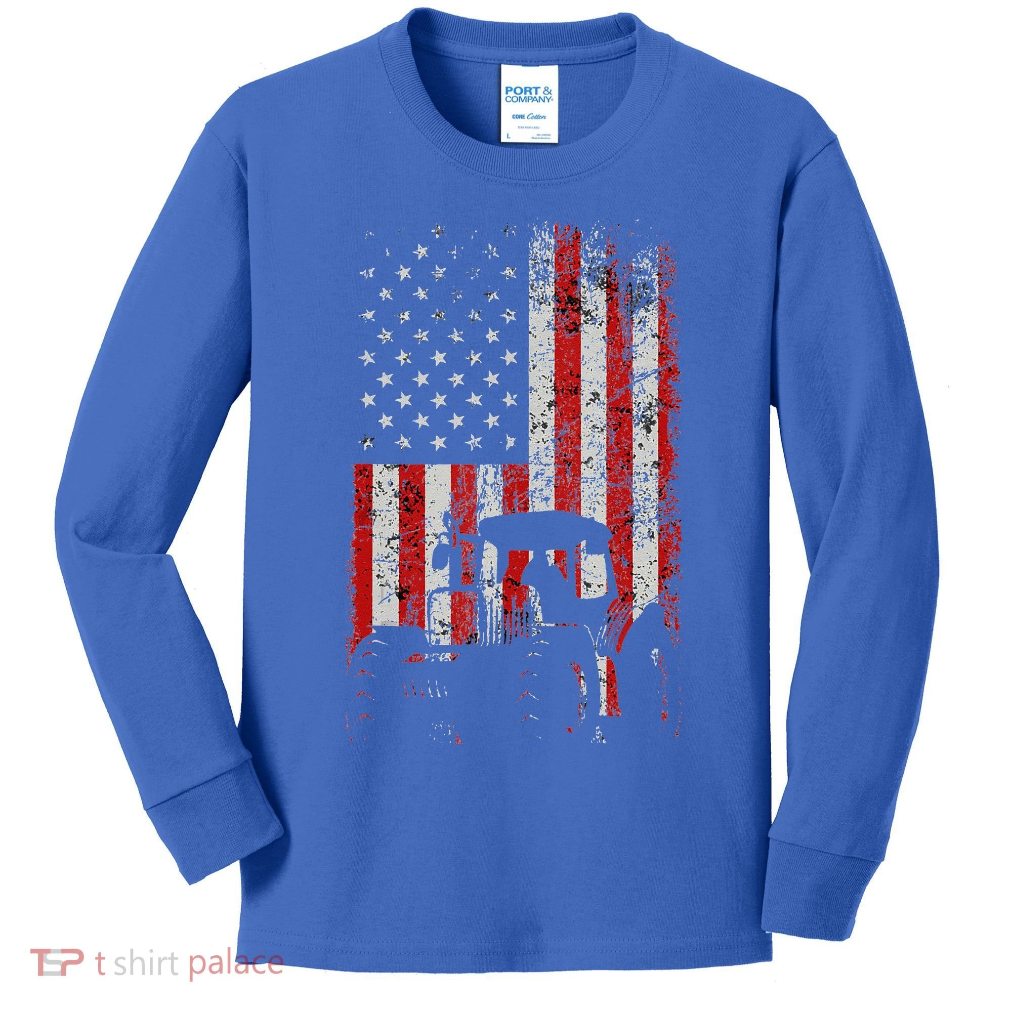 Retro American Flag Tractor Gift  Tractor Farm  Kids Long Sleeve Shirt