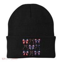 Retro American Flag Coquette Bow Patriotic 4th July Girl Beanie thumb 0