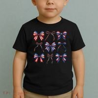 Retro American Flag Coquette Bow Patriotic 4th July Girl Toddler T-Shirt thumb 2