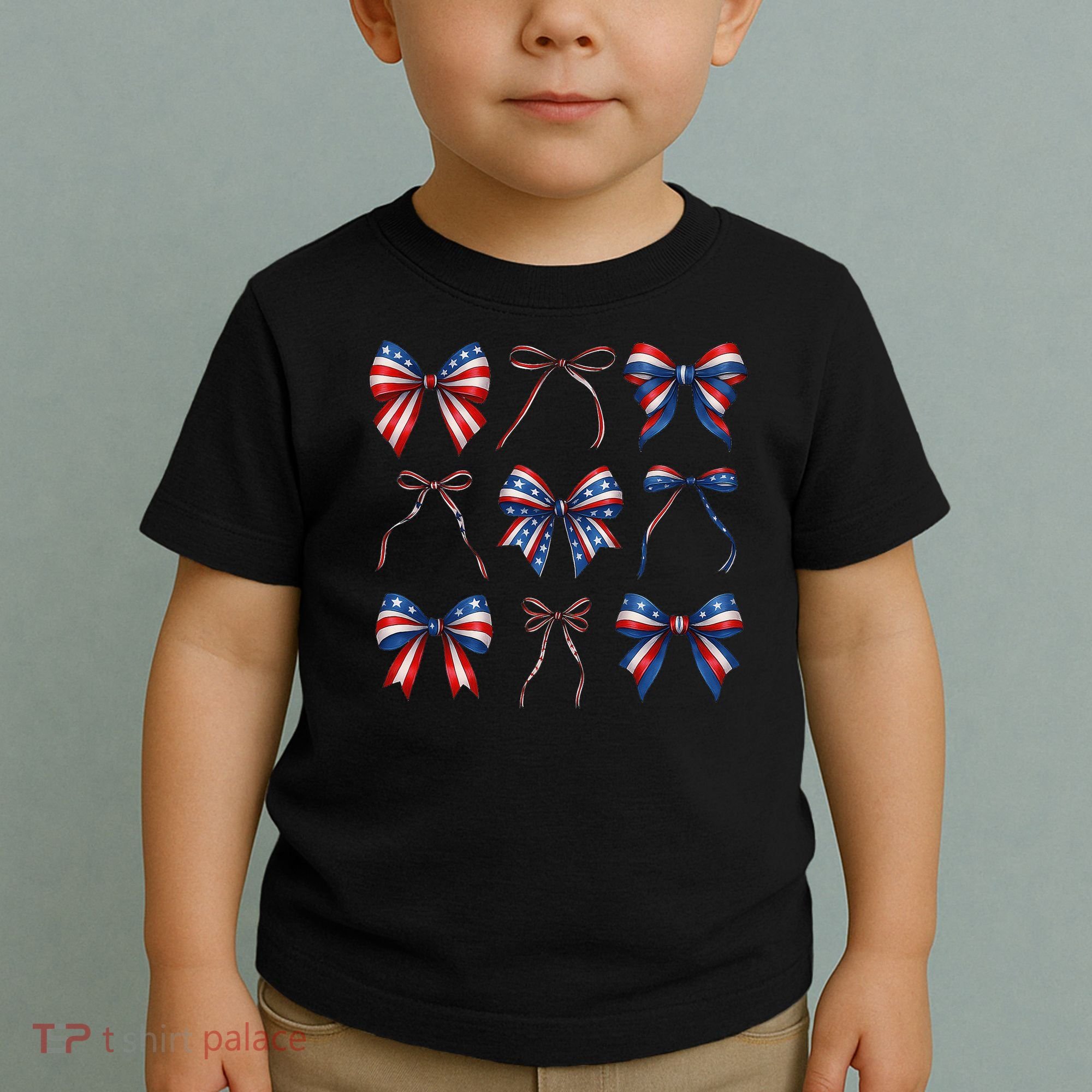 Retro American Flag Coquette Bow Patriotic 4th July Girl Toddler T-Shirt