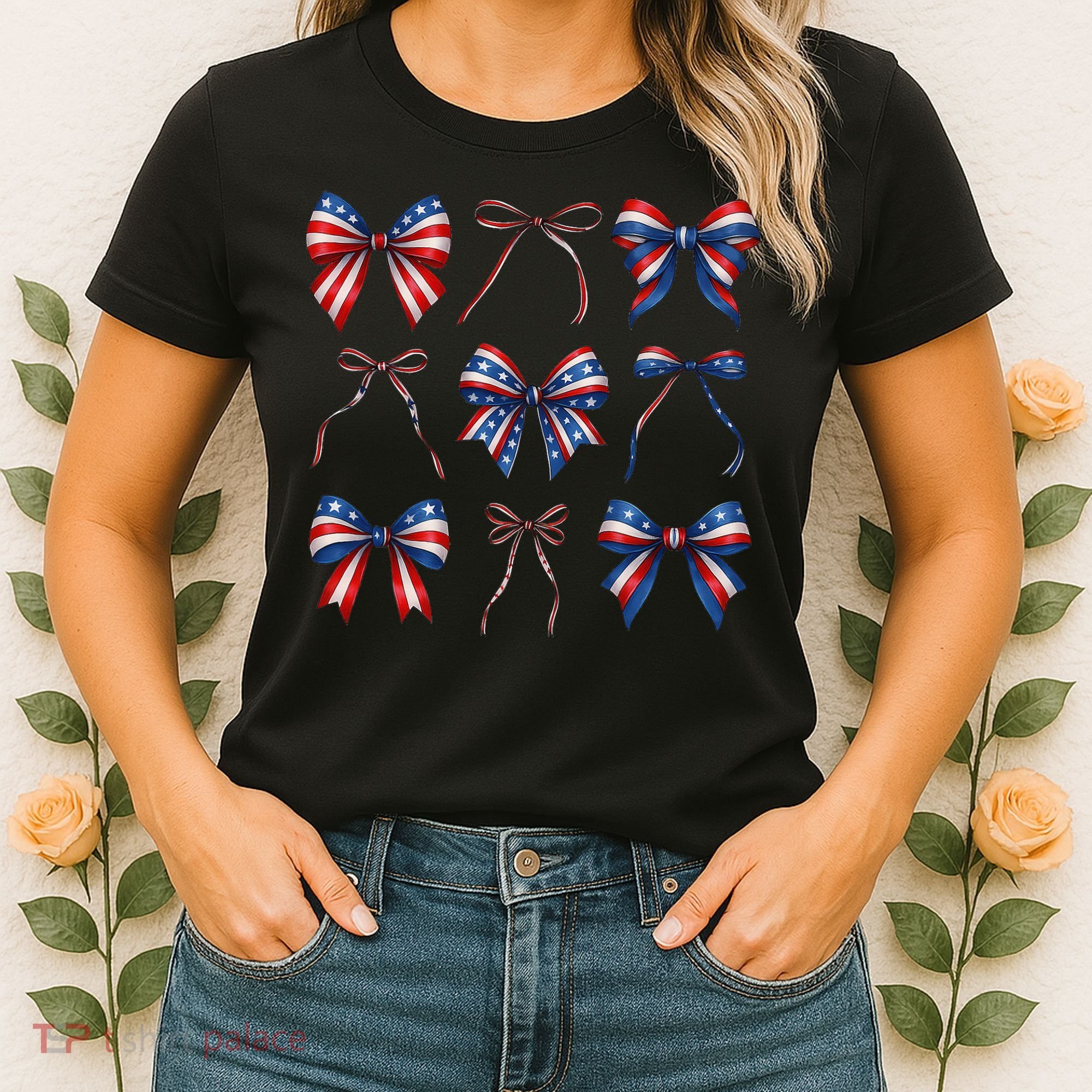 Retro American Flag Coquette Bow Patriotic 4th July Girl Women's T-Shirt