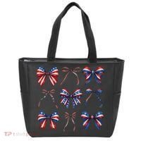 Retro American Flag Coquette Bow Patriotic 4th July Girl Tote Bag thumb 0