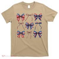 Retro American Flag Coquette Bow Patriotic 4th July Girl T-Shirt thumb 0