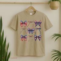 Retro American Flag Coquette Bow Patriotic 4th July Girl T-Shirt thumb 2