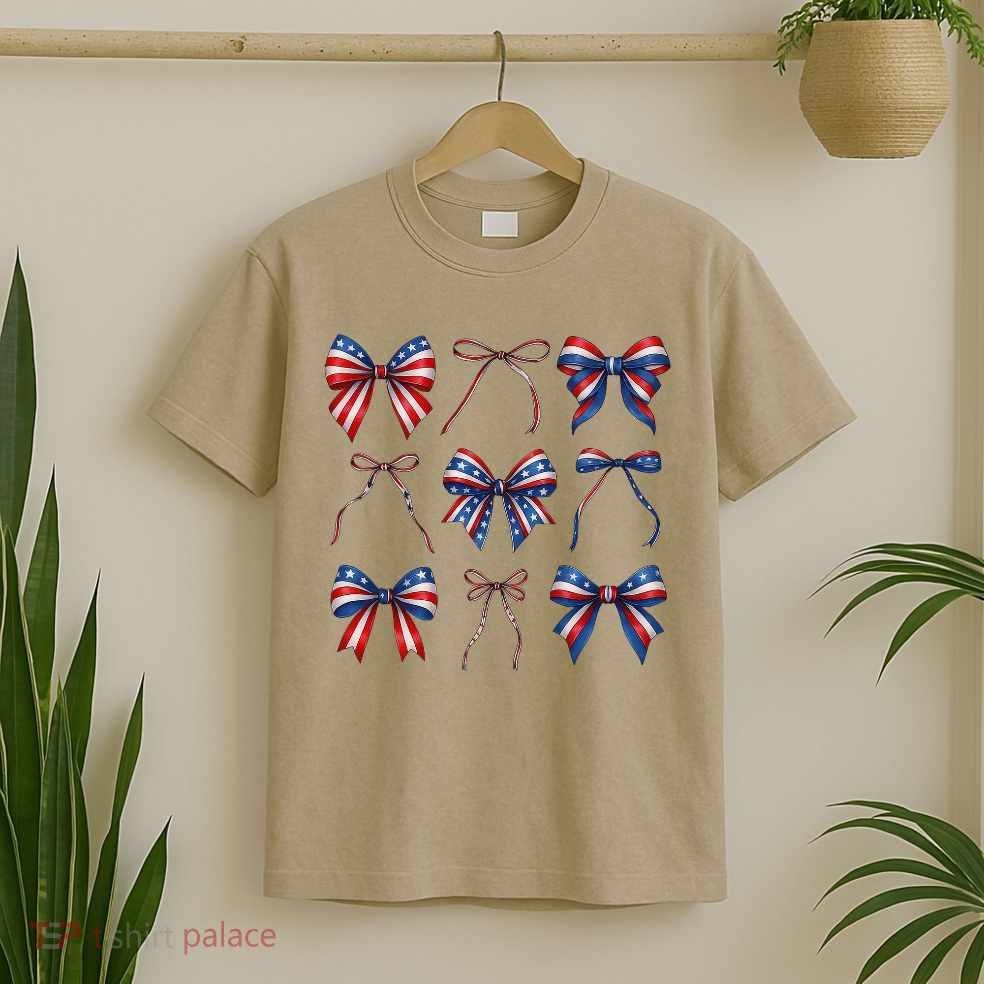 Retro American Flag Coquette Bow Patriotic 4th July Girl T-Shirt