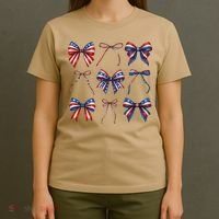 Retro American Flag Coquette Bow Patriotic 4th July Girl T-Shirt thumb 4