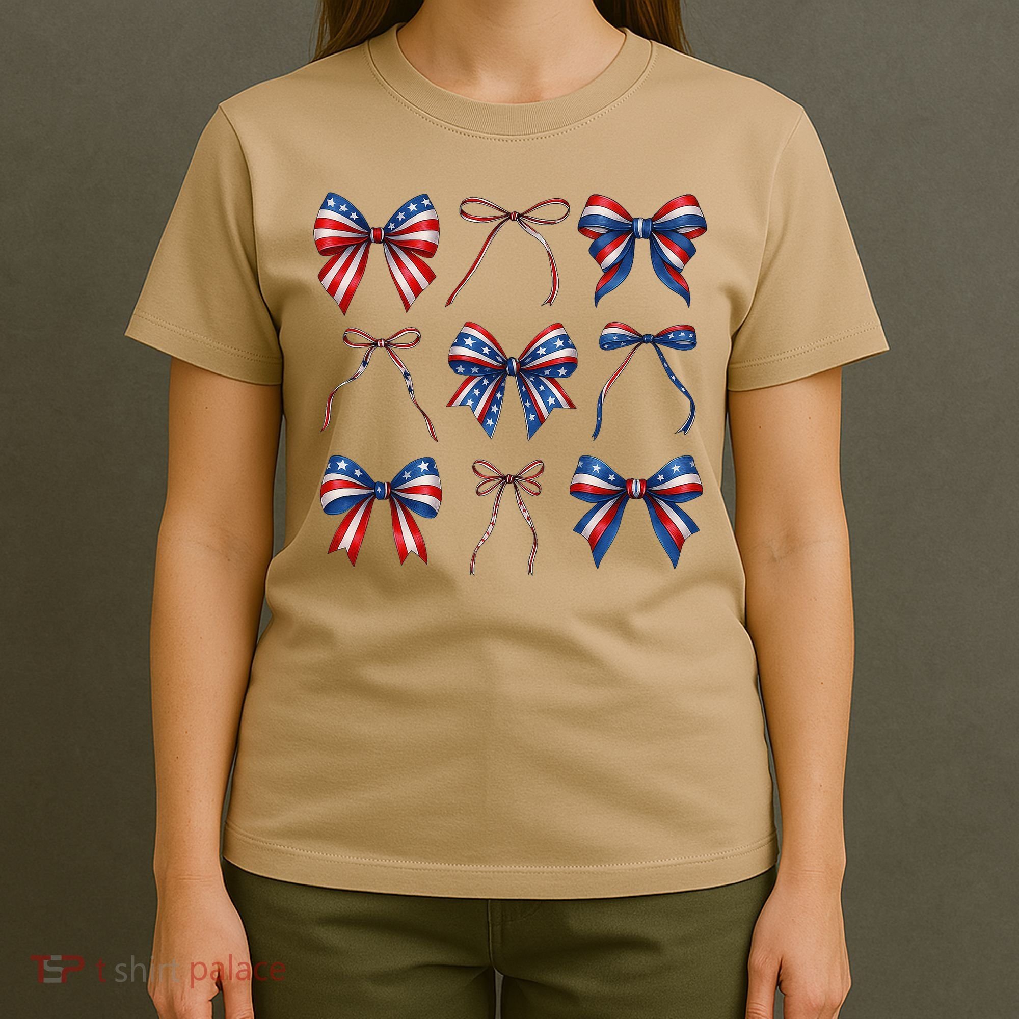 Retro American Flag Coquette Bow Patriotic 4th July Girl T-Shirt