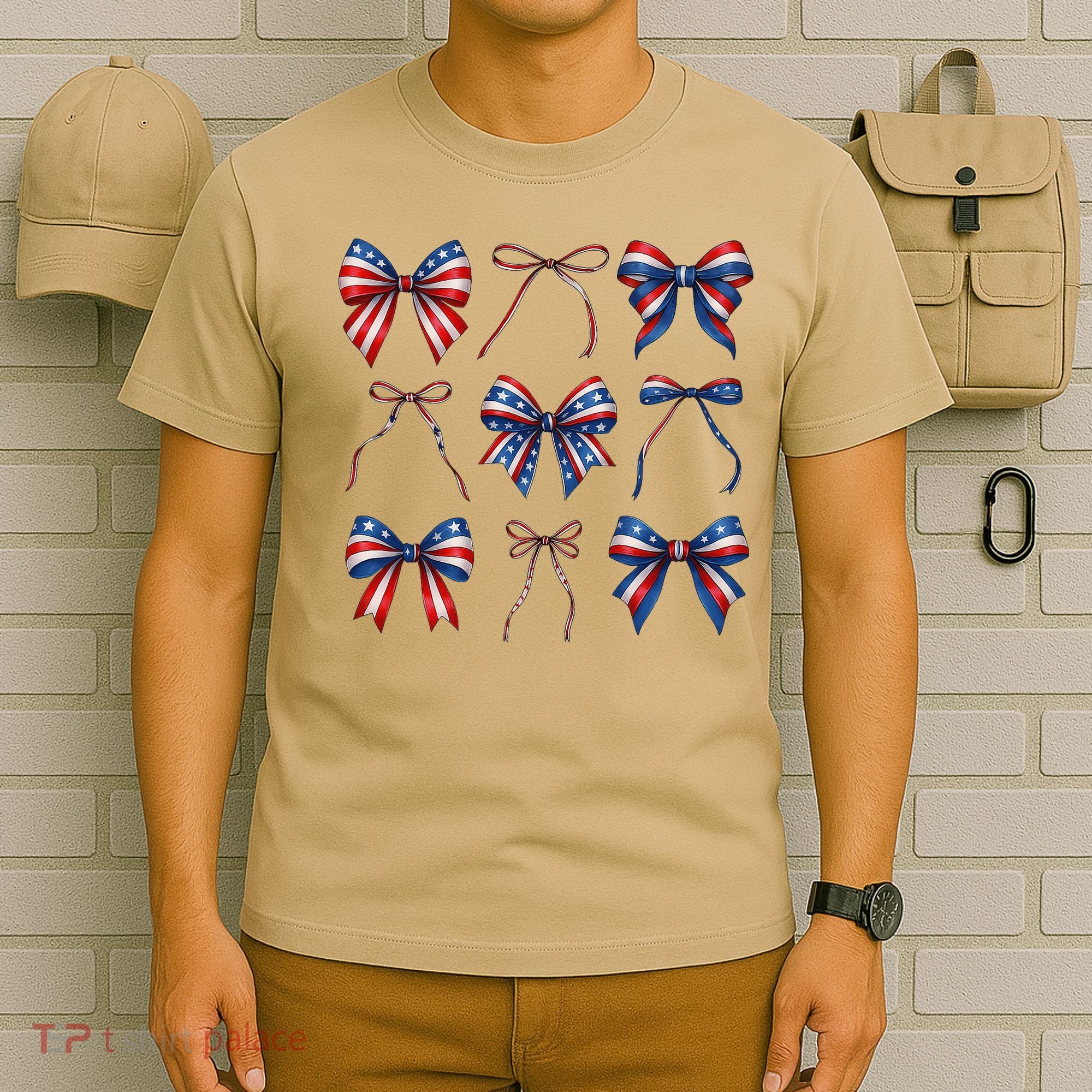 Retro American Flag Coquette Bow Patriotic 4th July Girl T-Shirt