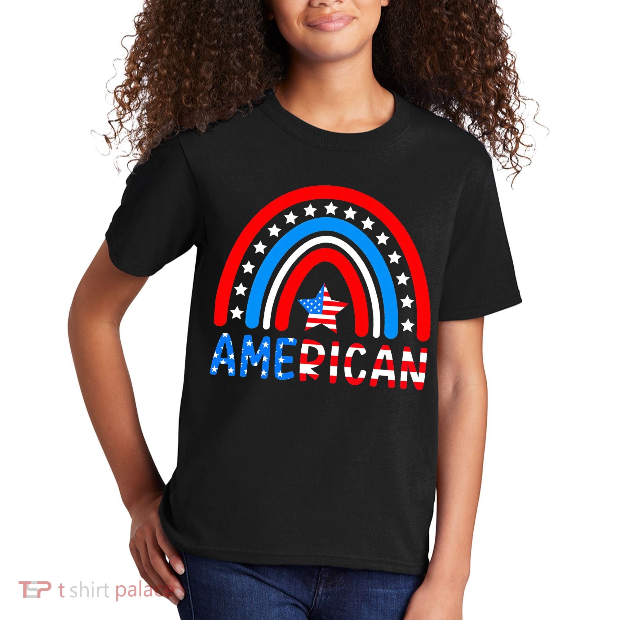 Rainbow American Flag Patriotic Happy 4th Of July Kids T-Shirt