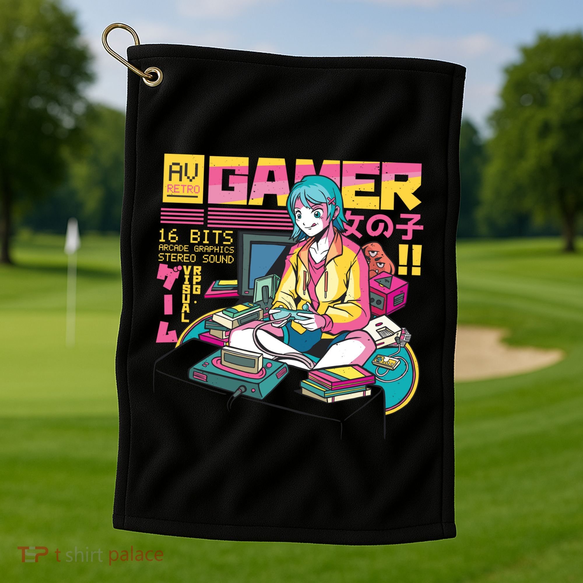 Retro Anime Gamer Girl Classic Golf Towel