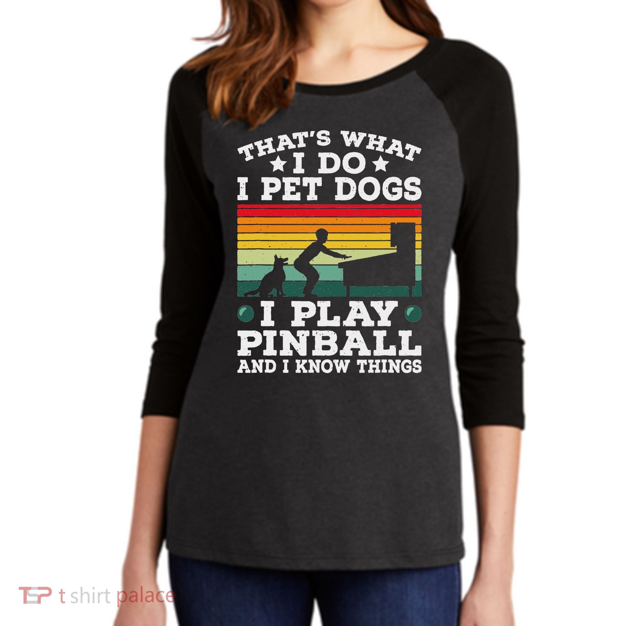 Retro Arcade Game Machine Gamer Pet Dogs Play Pinball Women's Tri-Blend 3/4-Sleeve Raglan Shirt