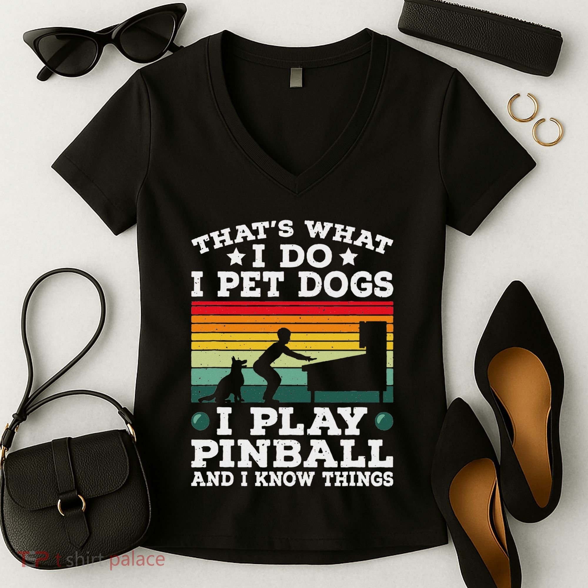 Retro Arcade Game Machine Gamer Pet Dogs Play Pinball Women's V-Neck T-Shirt