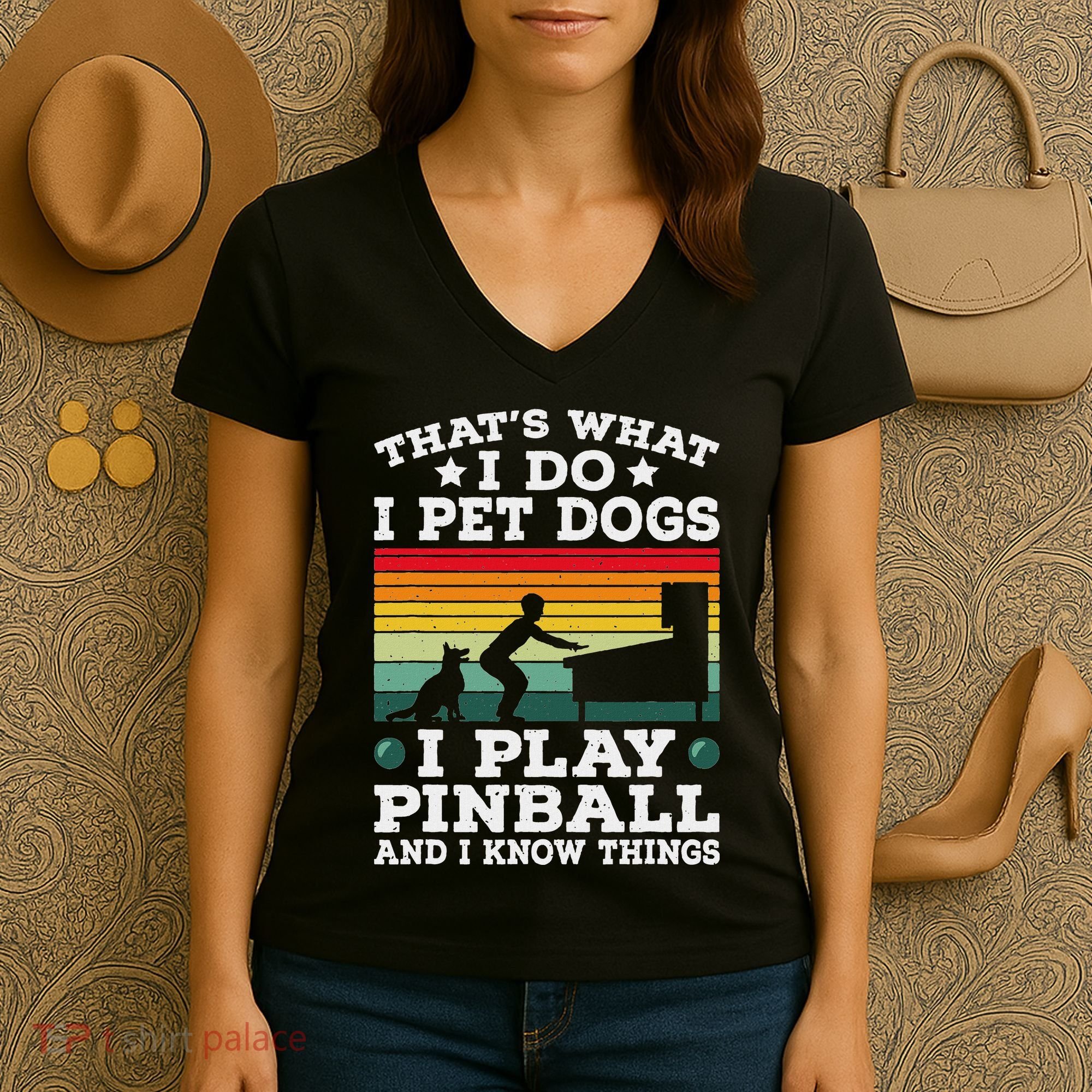 Retro Arcade Game Machine Gamer Pet Dogs Play Pinball Women's V-Neck T-Shirt