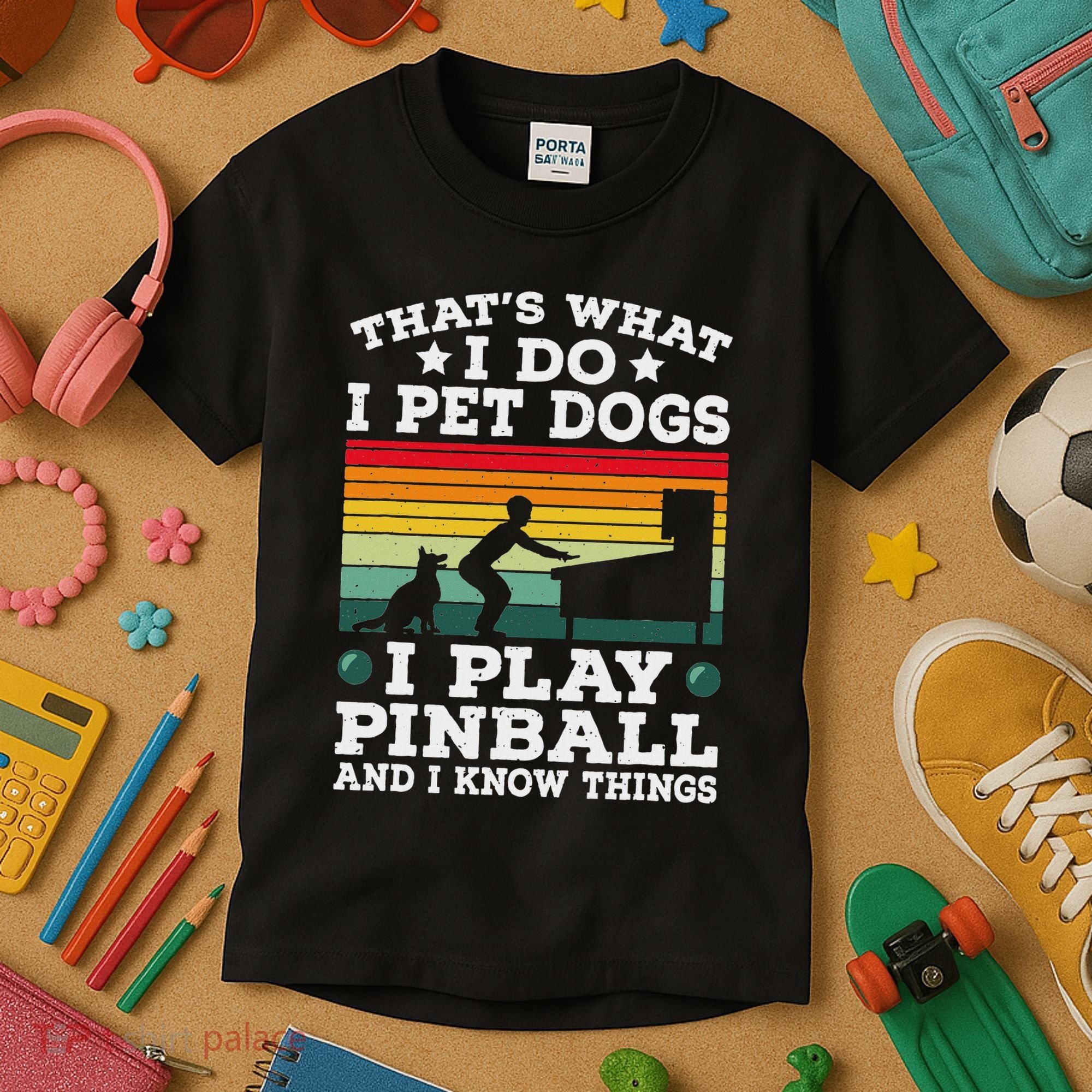 Retro Arcade Game Machine Gamer Pet Dogs Play Pinball Kids T-Shirt