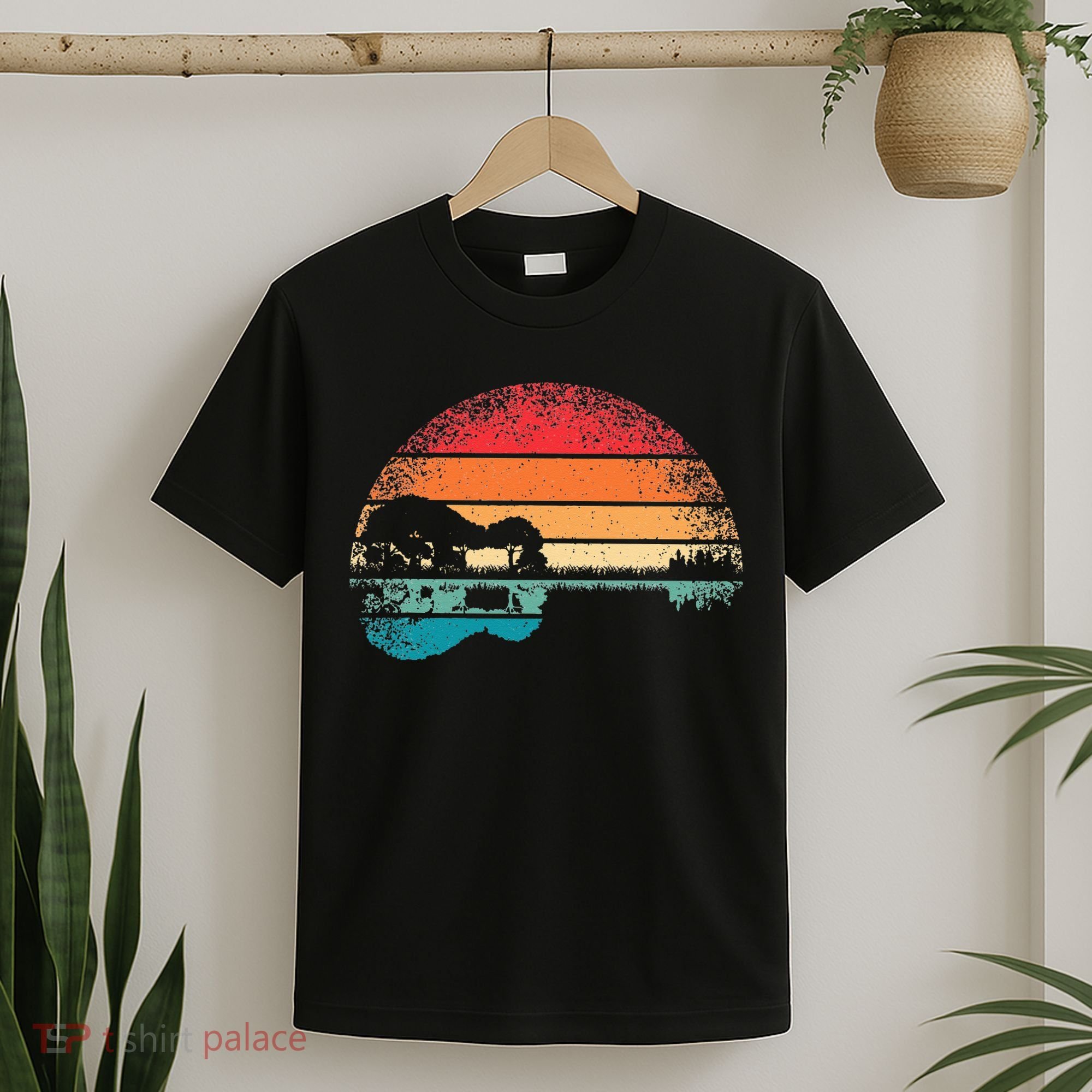 Retro Acoustic Guitar Lake Sunset Guitarist Music Lover T-Shirt