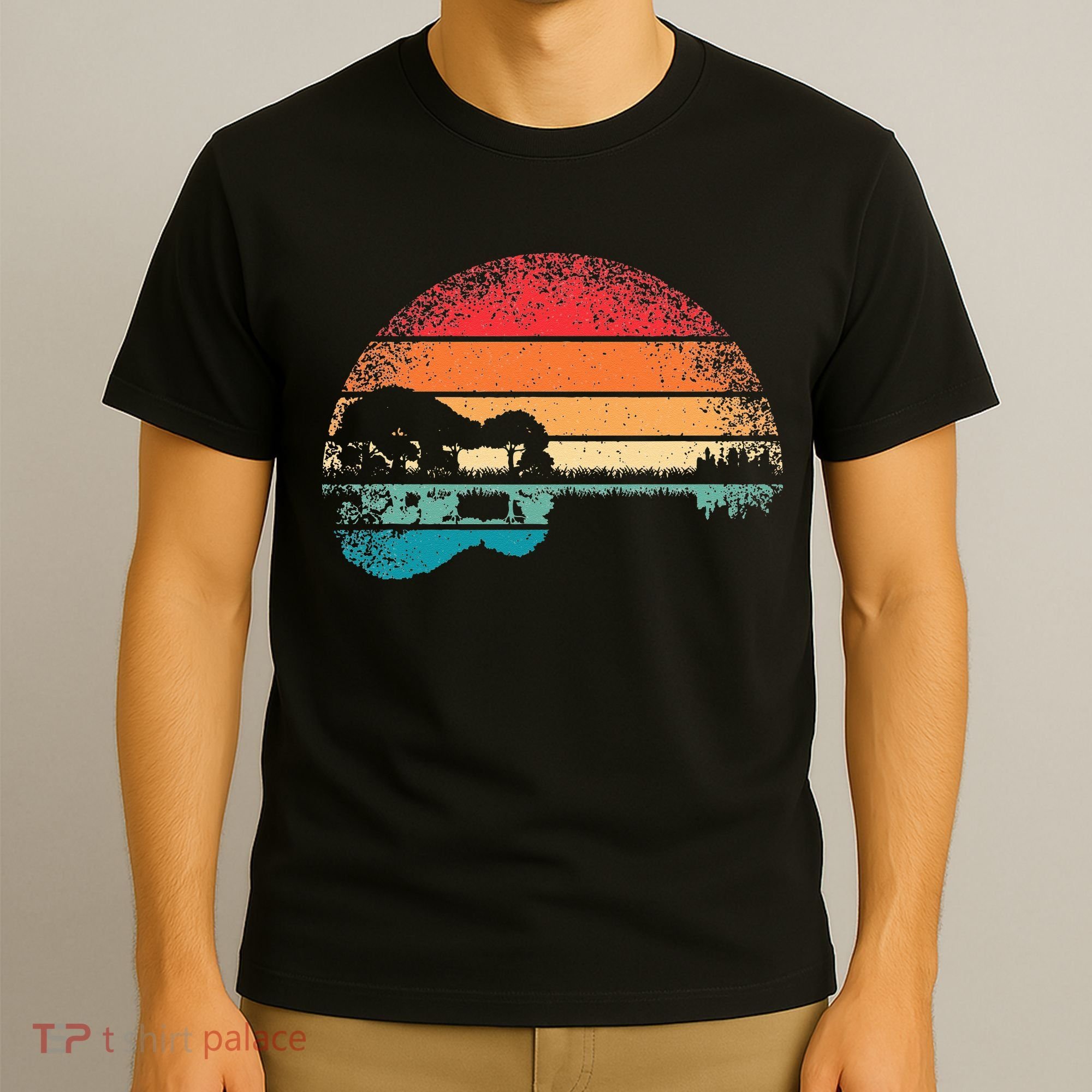 Retro Acoustic Guitar Lake Sunset Guitarist Music Lover T-Shirt