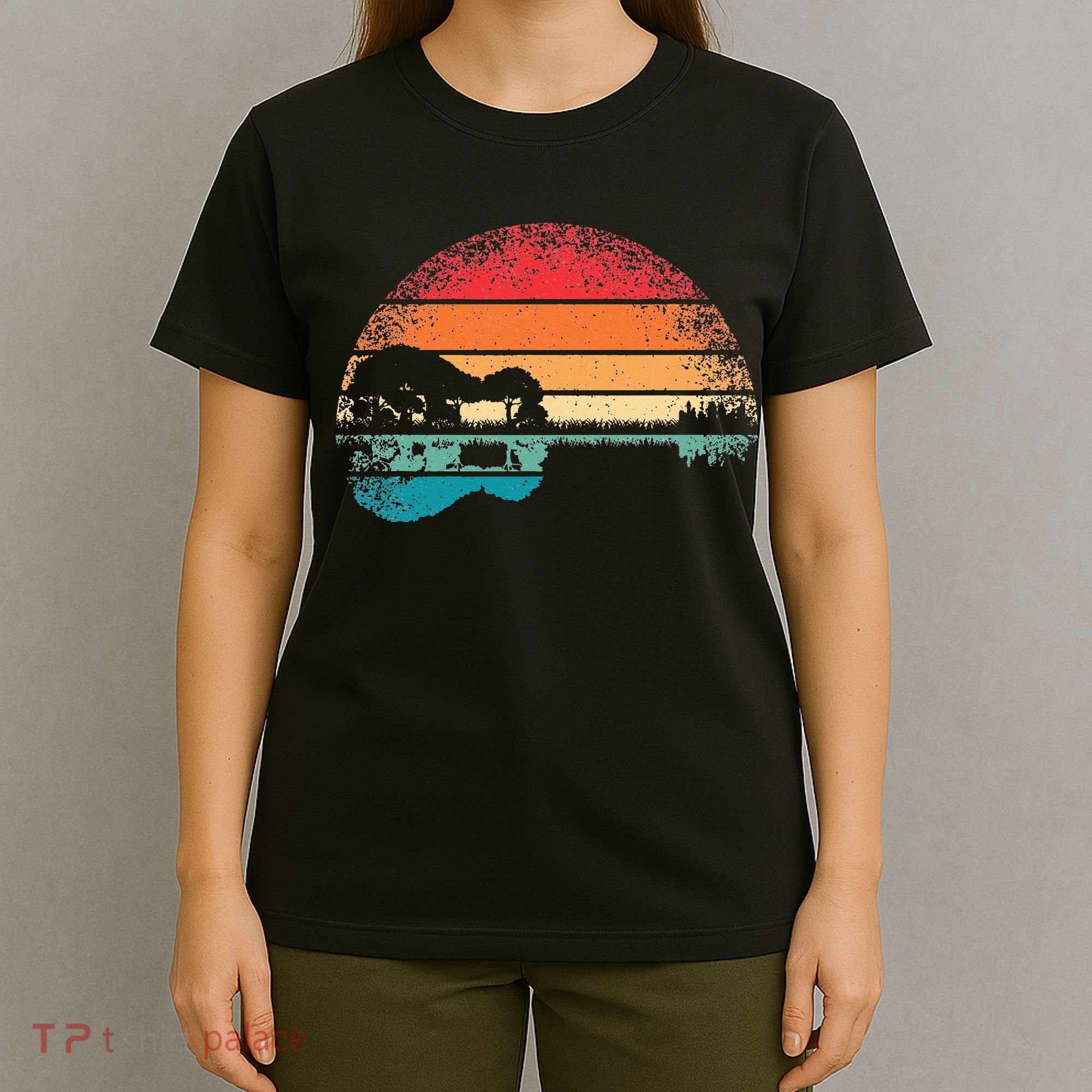 Retro Acoustic Guitar Lake Sunset Guitarist Music Lover T-Shirt