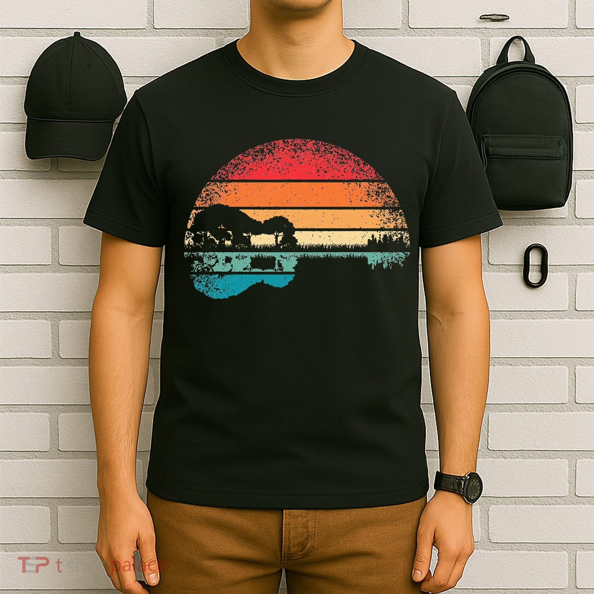 Retro Acoustic Guitar Lake Sunset Guitarist Music Lover T-Shirt