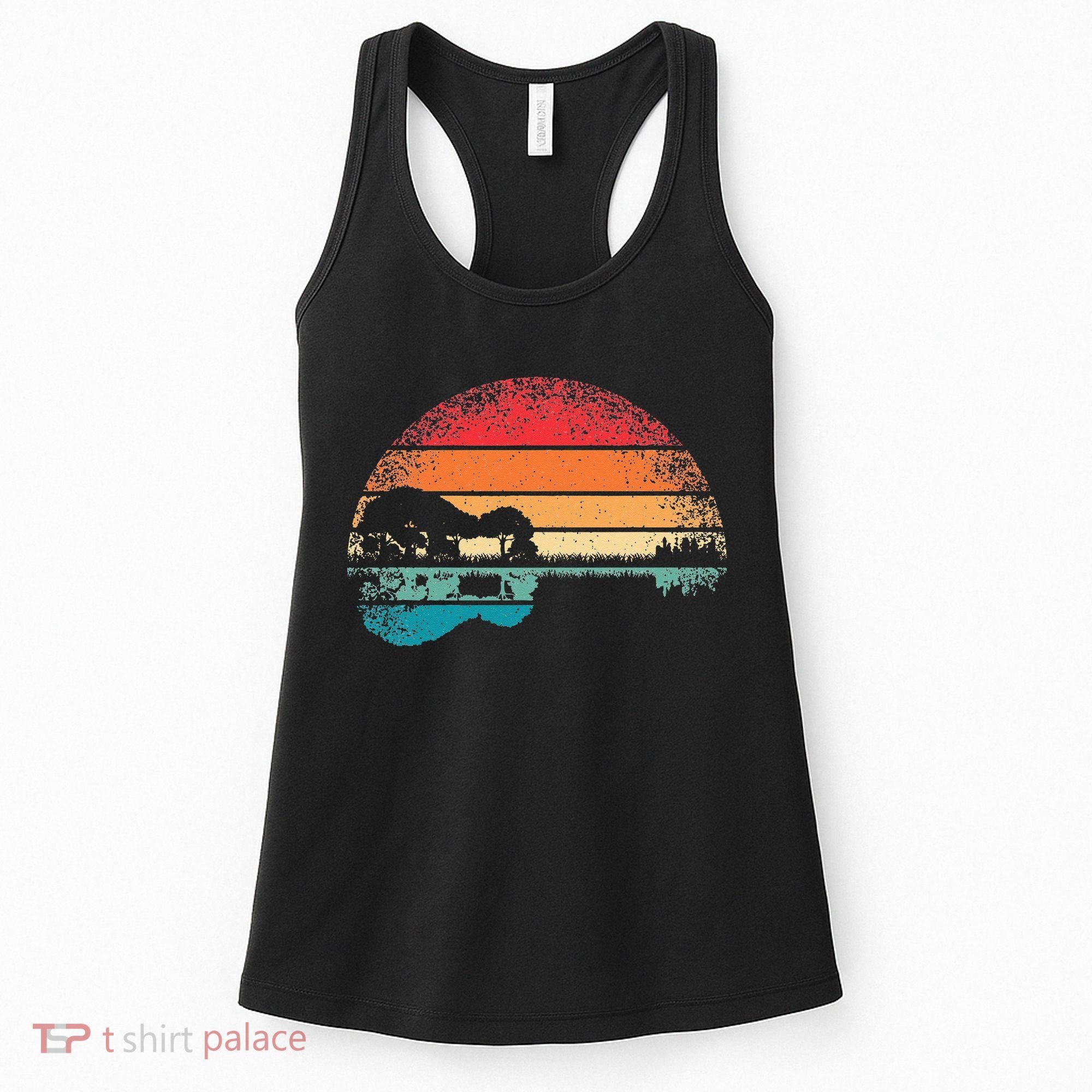Retro Acoustic Guitar Lake Sunset Guitarist Music Lover Women's Tank Top