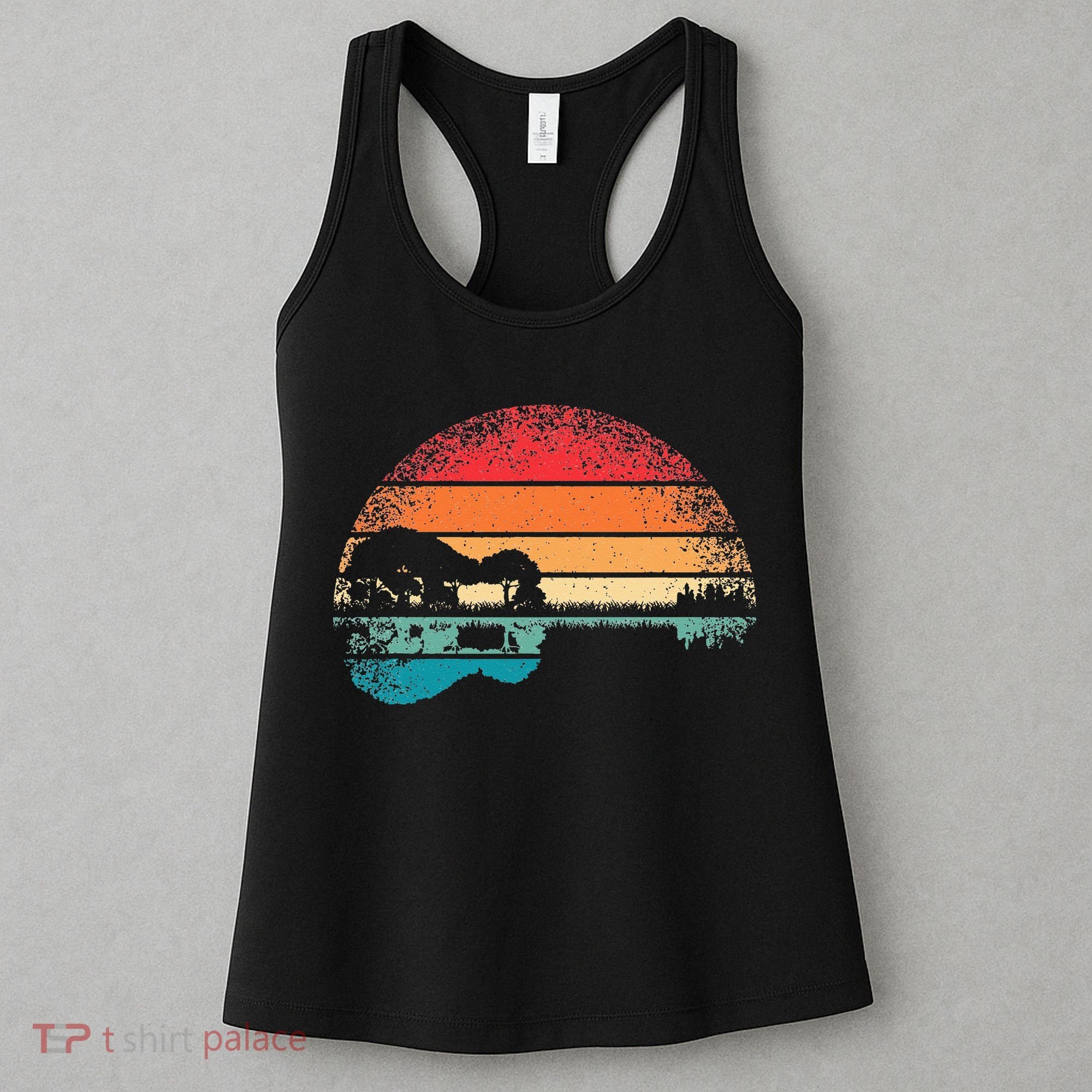 Retro Acoustic Guitar Lake Sunset Guitarist Music Lover Women's Tank Top