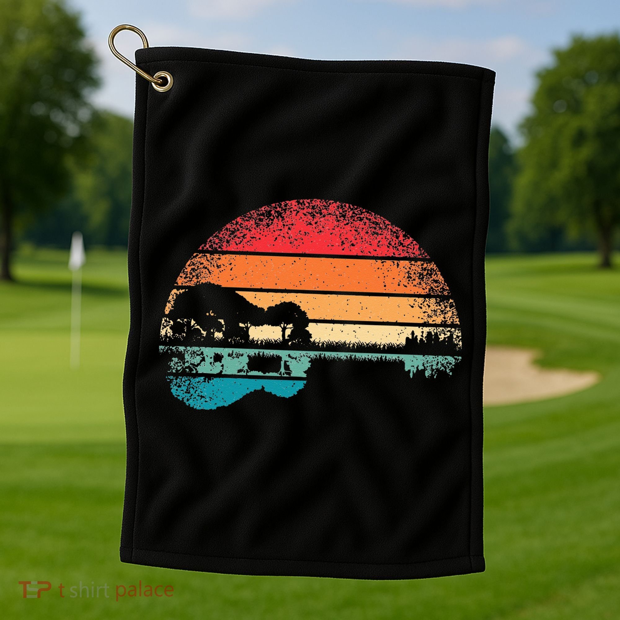 Retro Acoustic Guitar Lake Sunset Guitarist Music Lover Golf Towel
