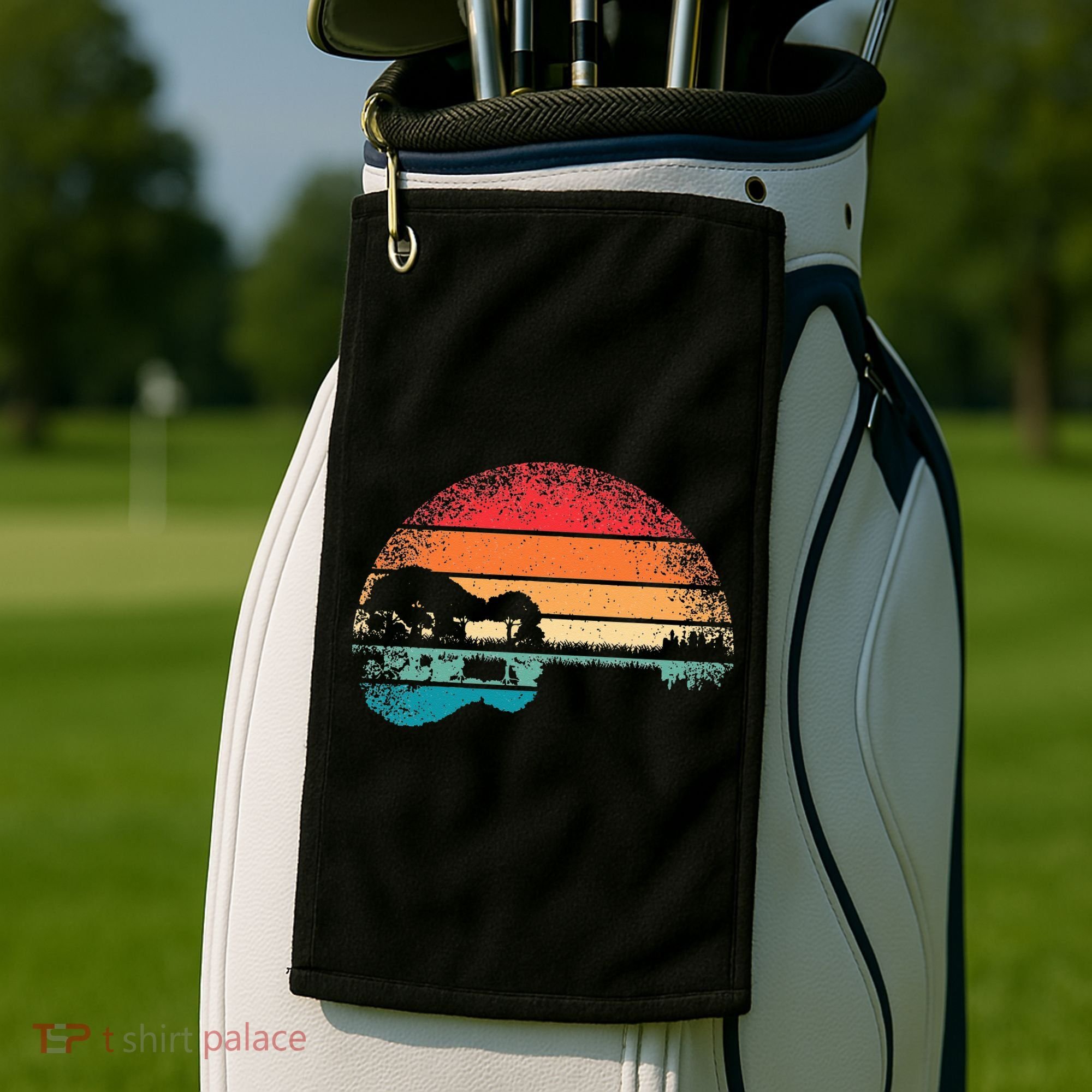 Retro Acoustic Guitar Lake Sunset Guitarist Music Lover Golf Towel