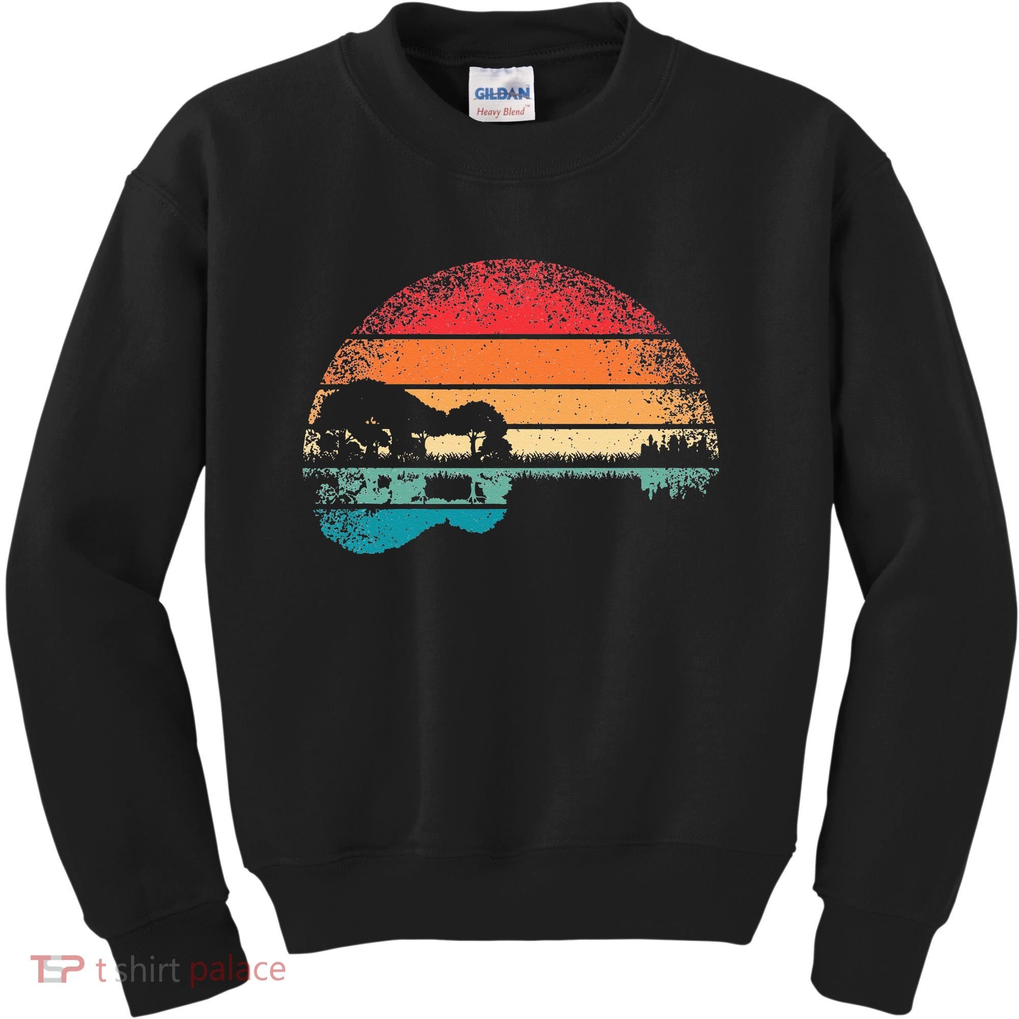 Retro Acoustic Guitar Lake Sunset Guitarist Music Lover Kids Sweatshirt