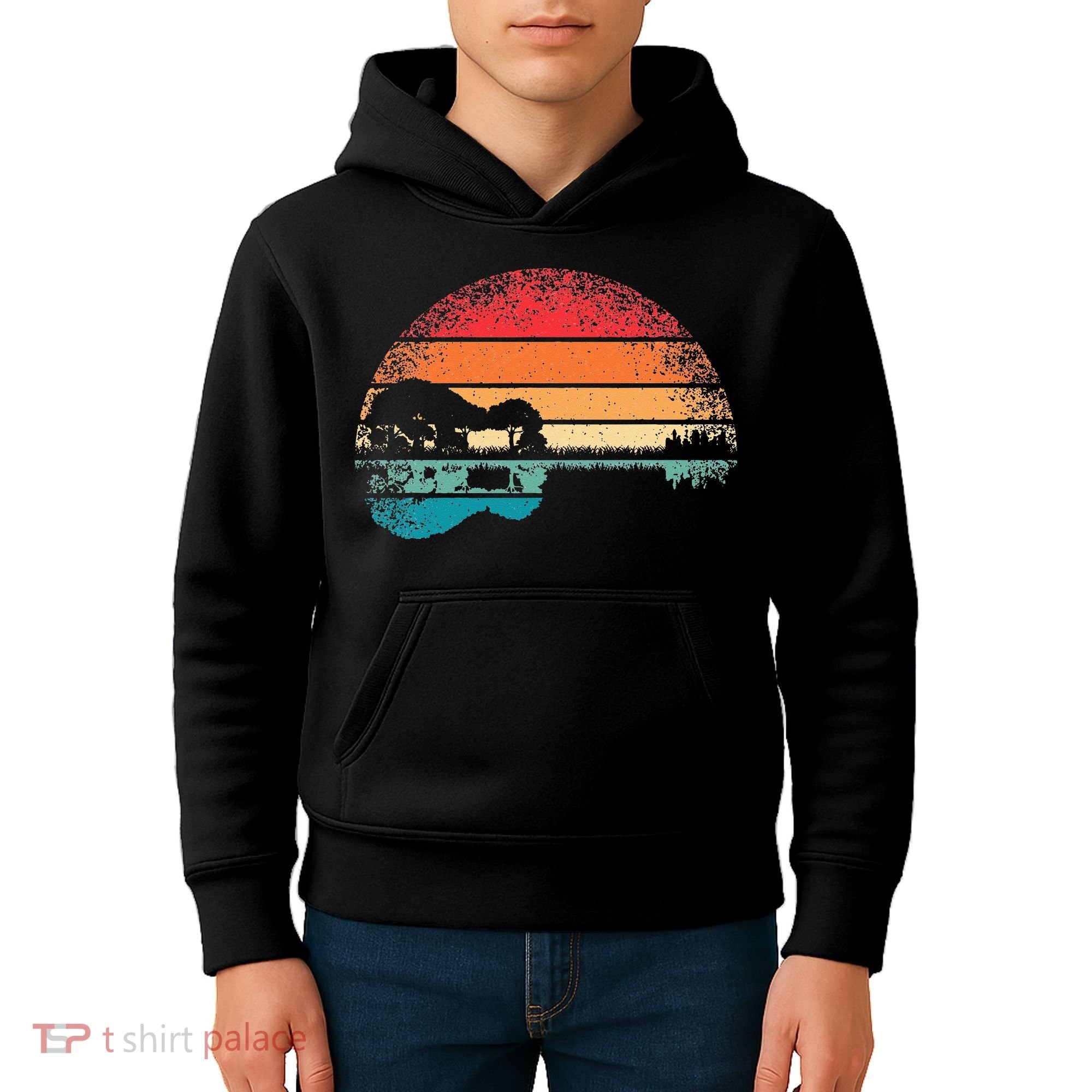 Retro Acoustic Guitar Lake Sunset Guitarist Music Lover Kids Hoodie