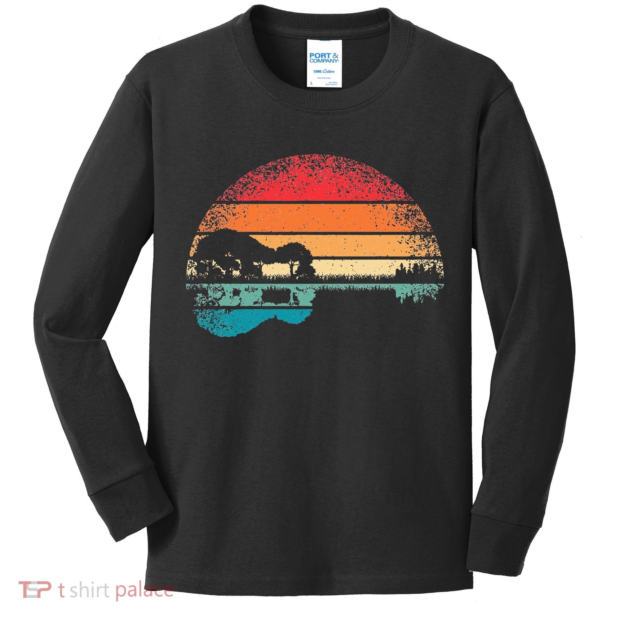 Retro Acoustic Guitar Lake Sunset Guitarist Music Lover Kids Long Sleeve Shirt