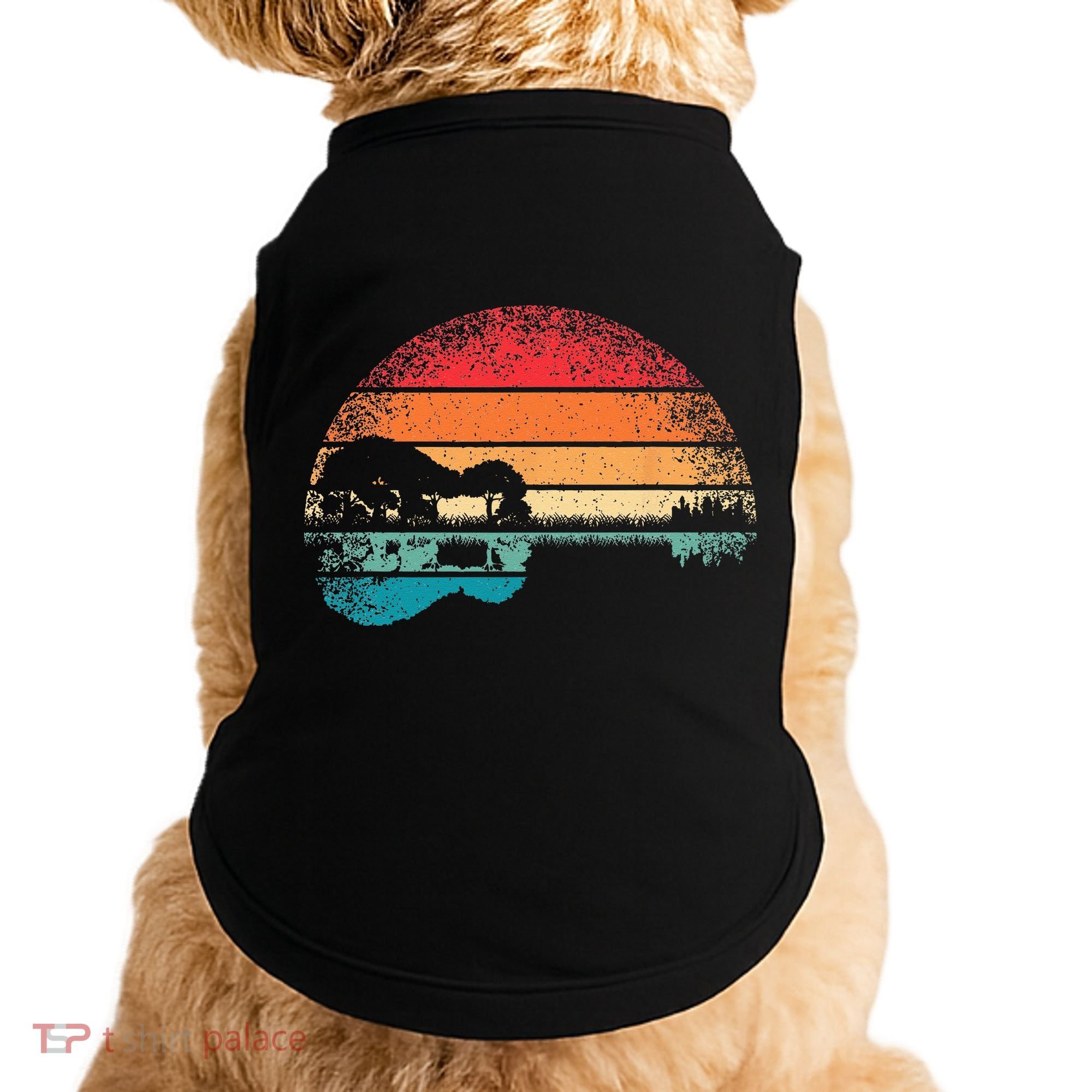 Retro Acoustic Guitar Lake Sunset Guitarist Music Lover Rock Doggie Tank