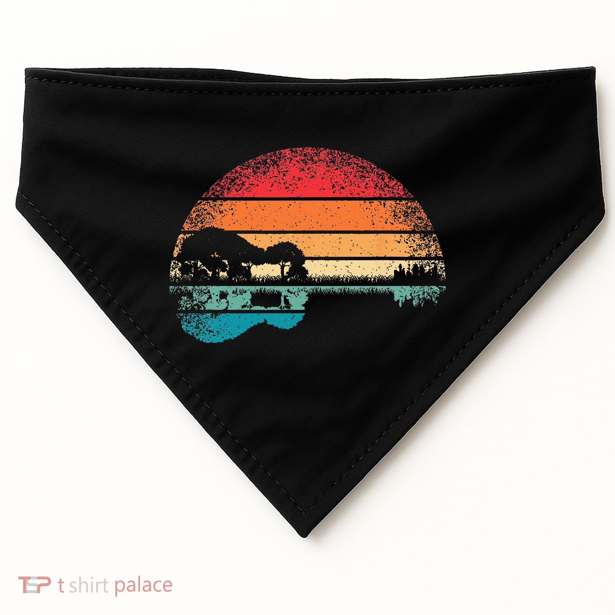 Retro Acoustic Guitar Lake Sunset Guitarist Music Lover Rock USA-Made Doggie Bandana