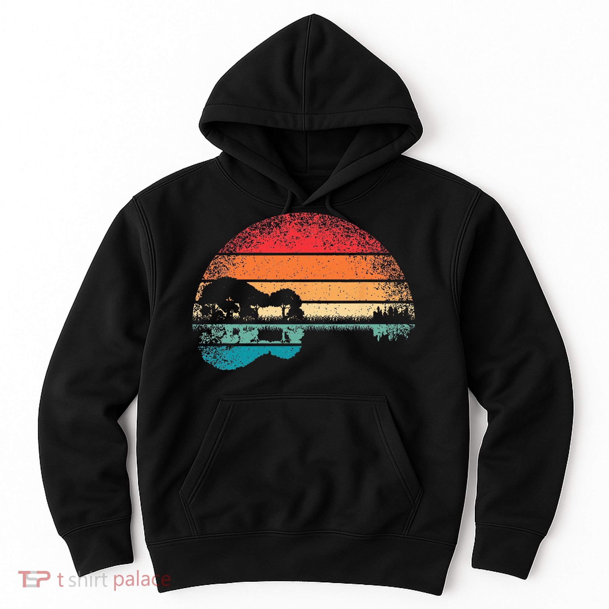 Retro Acoustic Guitar Lake Sunset Guitarist Music Lover Rock Hoodie