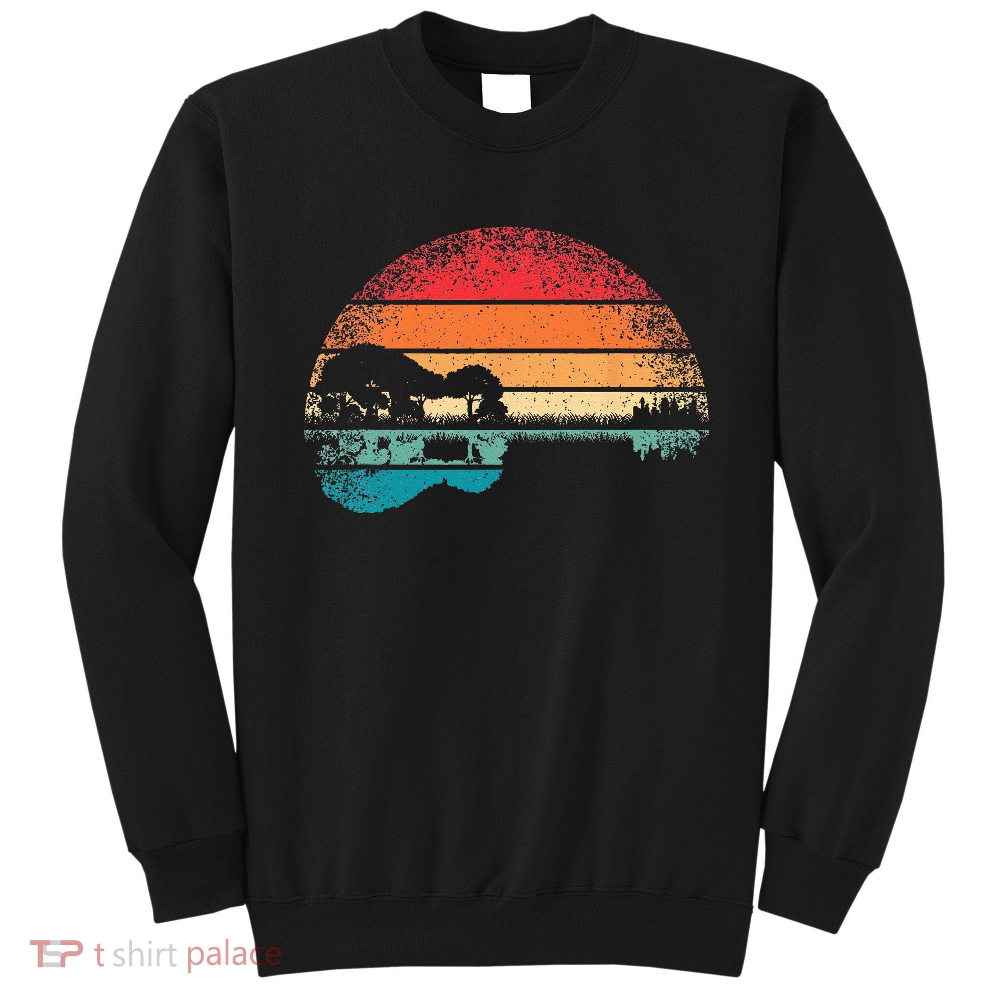 Retro Acoustic Guitar Lake Sunset Guitarist Music Lover Rock Sweatshirt
