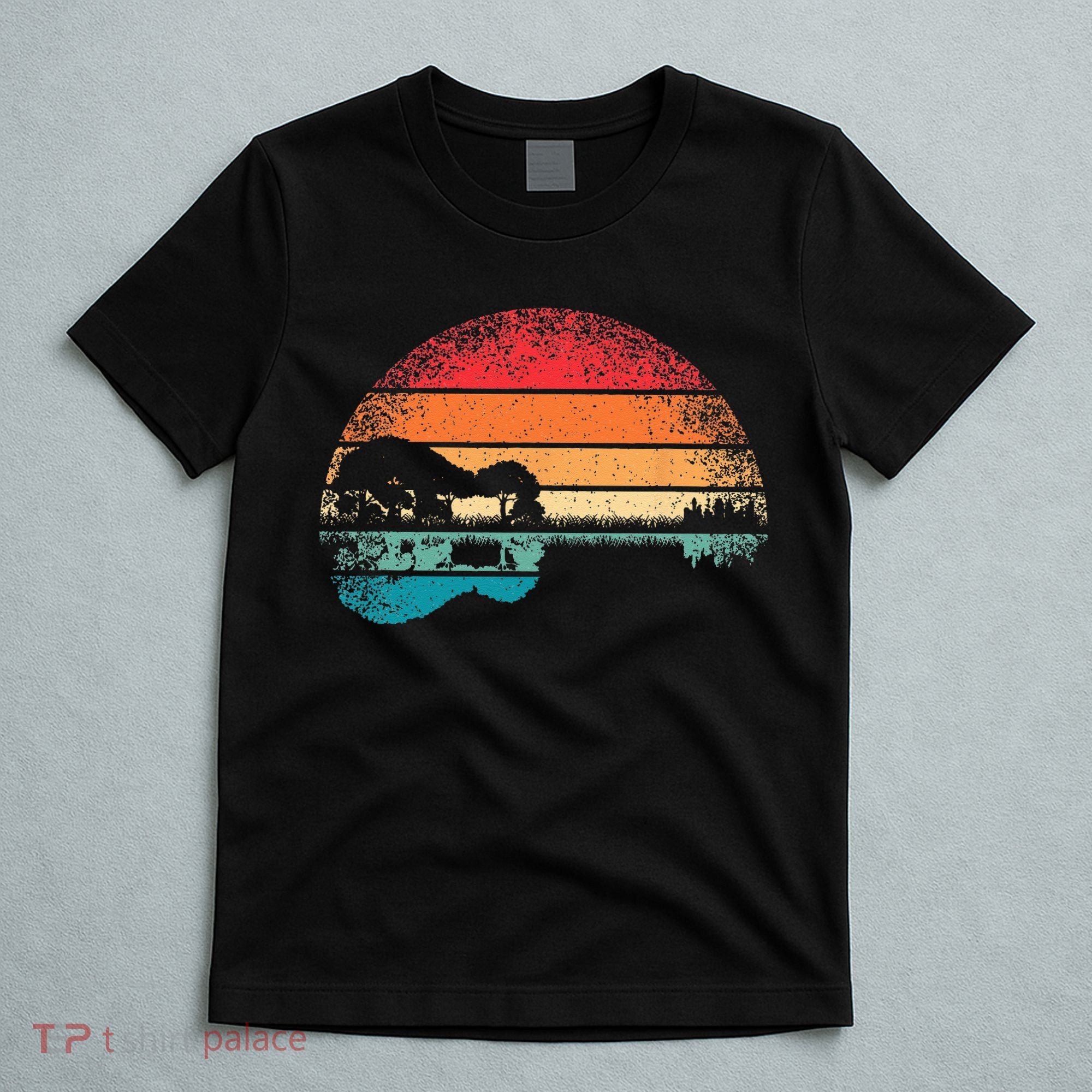 Retro Acoustic Guitar Lake Sunset Guitarist Music Lover Rock T-Shirt