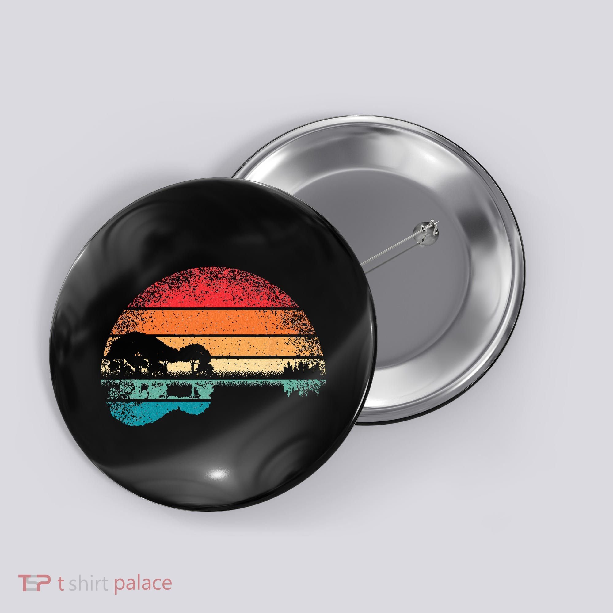 Retro Acoustic Guitar Lake Sunset Guitarist Music Lover Rock Button